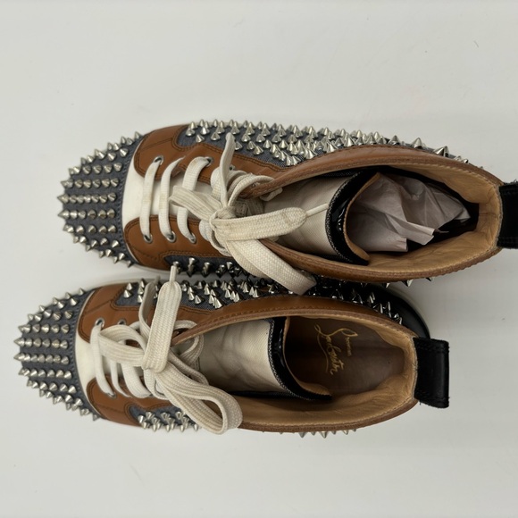 Christian Louboutin Men's Spiked Denim Leather High Top Sneakers - Picture 6 of 7